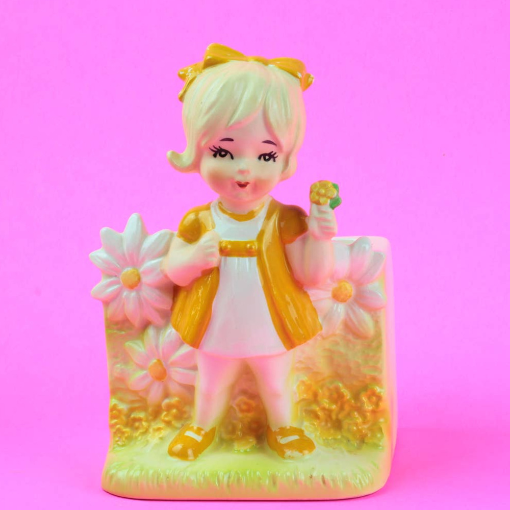 Inarco Japan Vase Yellow Flower Girl kitschy Vase mid Century kitsch Flower pot